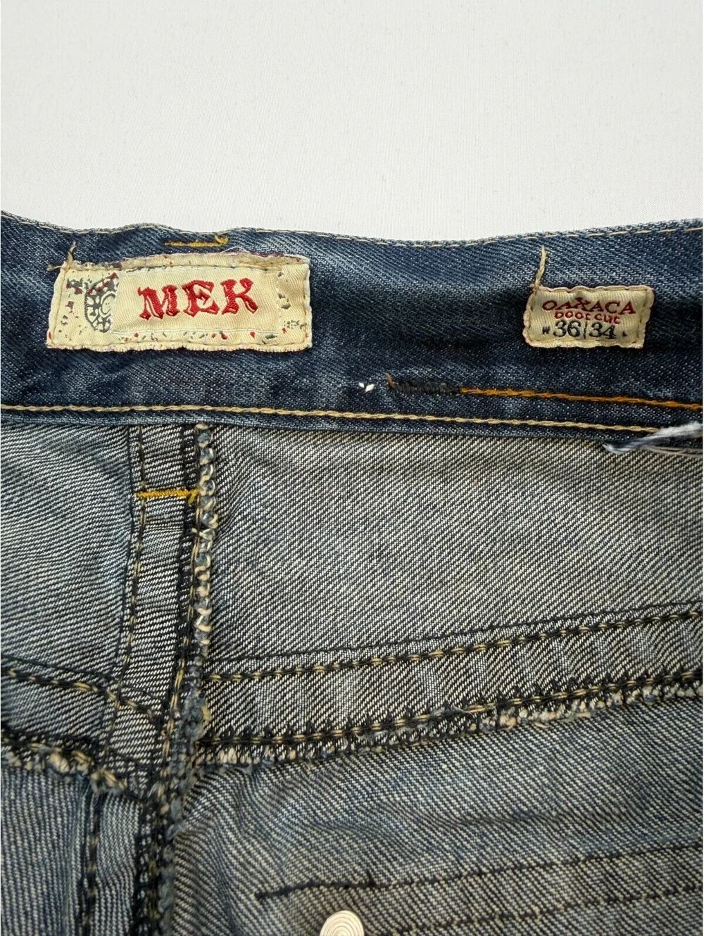 MEK DNM Men's Jeans Oaxaca Denim Bootcut Distressed Mid Rise Solid Size 36 Blue